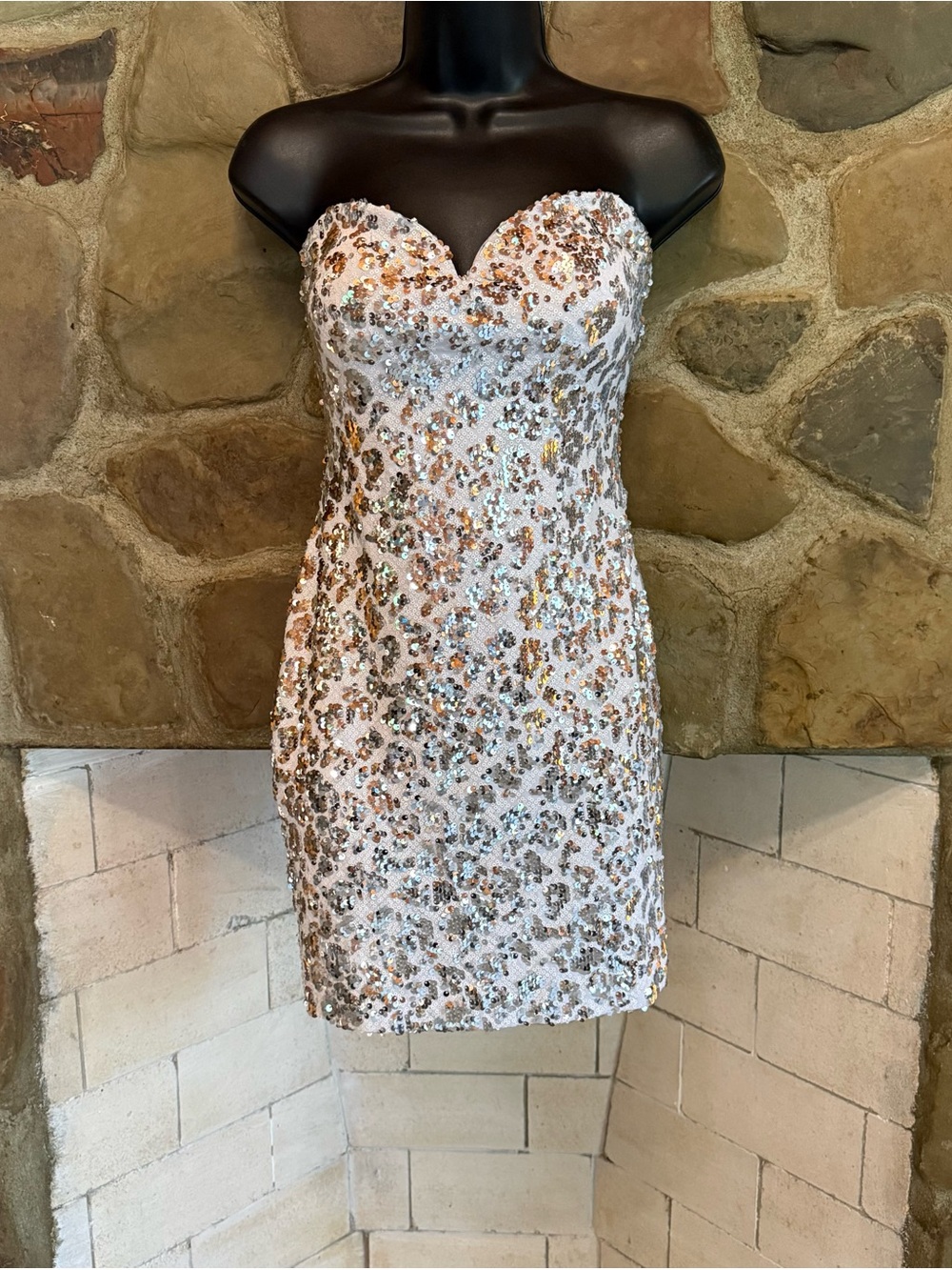 As U Wish Strapless White Sequin Mini Dress with Gold Accents